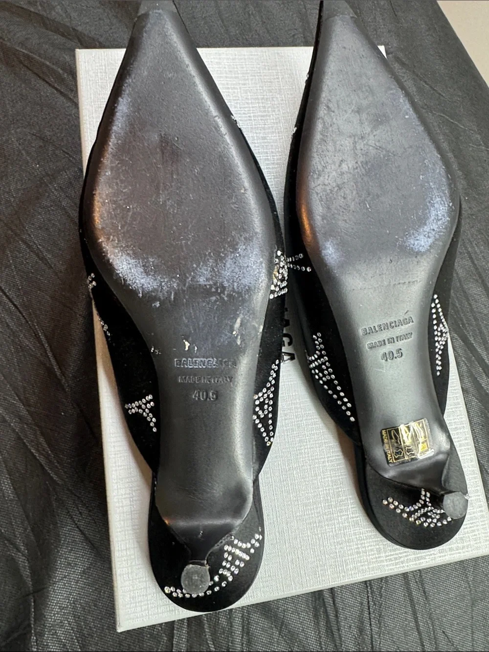 Balenciaga Black Satin Pointed-Toe Crystal-Embellished Mules - Picture 4 of 7